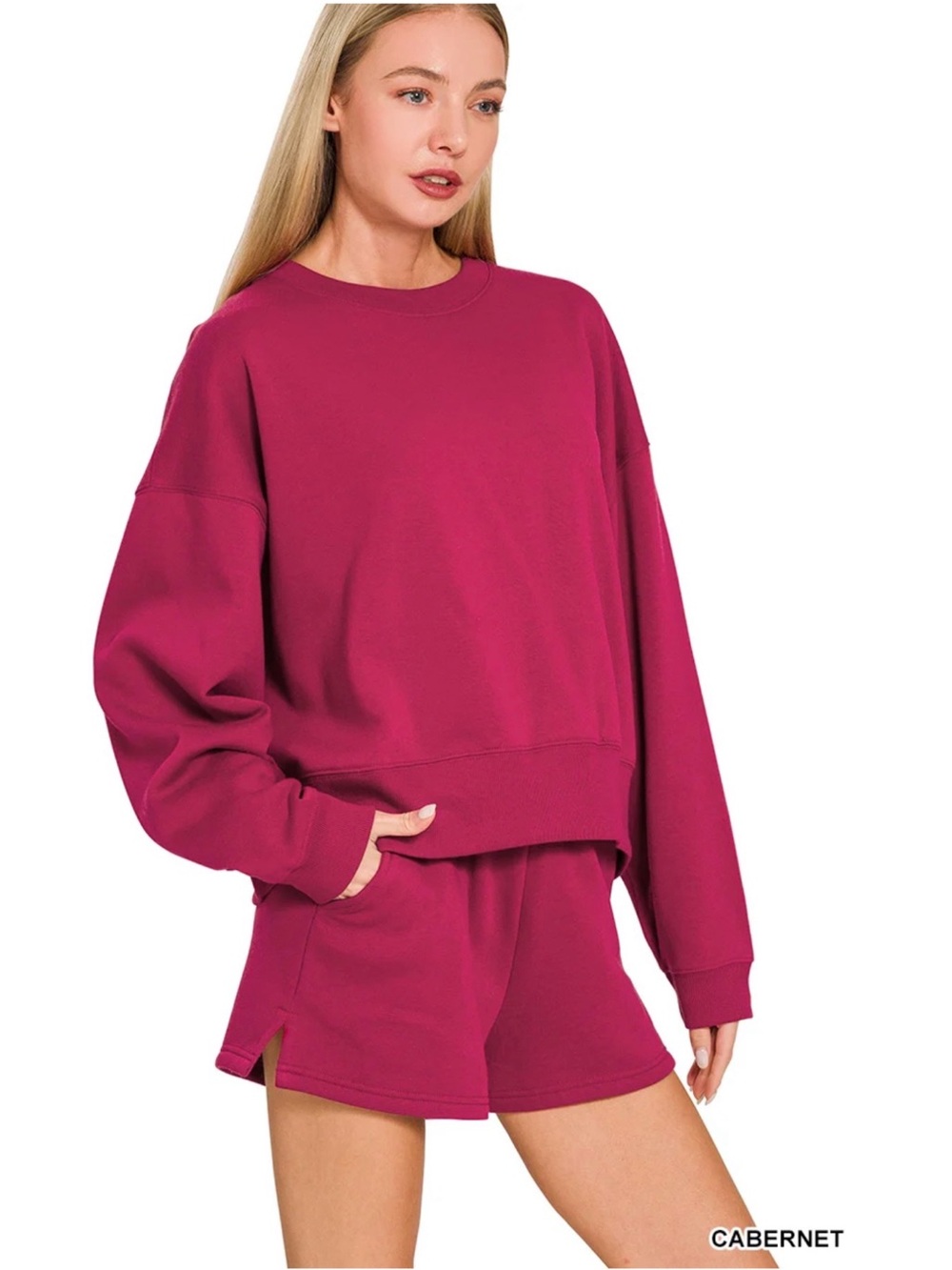Women's Fleece Sweatshirt - Shorts Set Cabernet Color
